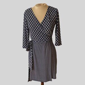 Suzy Shier Navy & White Patterned Wrap Dress, Size S